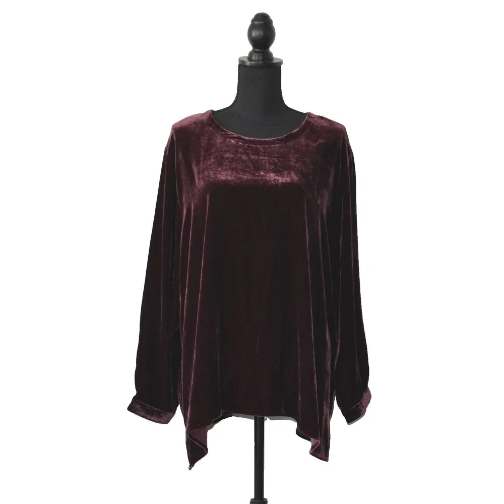 B0 NWT EILEEN FISHER Dark Burgundy Velvet Long Sleeve Round Neck Top Sz 2X $248 - Picture 1 of 5
